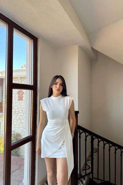 Aaron Bel Detay Mini Elbise 6089 Beyaz