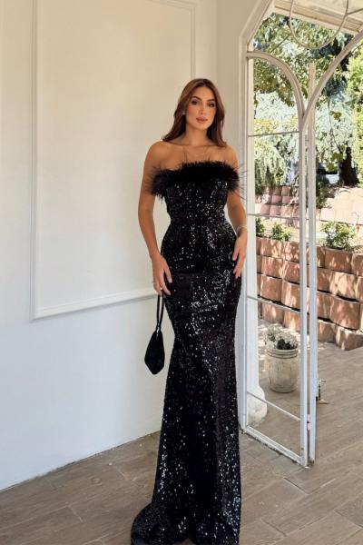 Açelya Payetli Otrişli Abiye 583286 Siyah