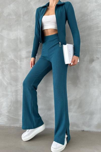 Aden Fermuarlı Hırka Yırtmaçlı Pantolon Takım 40897 Petrol Mavisi