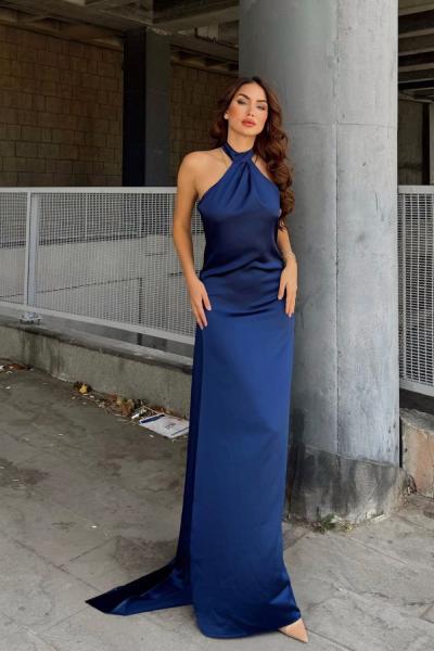 Afra Boyundan Bağlama Kuyruklu Saten Abiye 64752 Lacivert