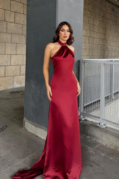 Afra Boyundan Bağlama Kuyruklu Saten Abiye 64752 Bordo