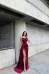 Allyso Degaje Yaka Yırtmaçlı Abiye 582243 A17x Bordo