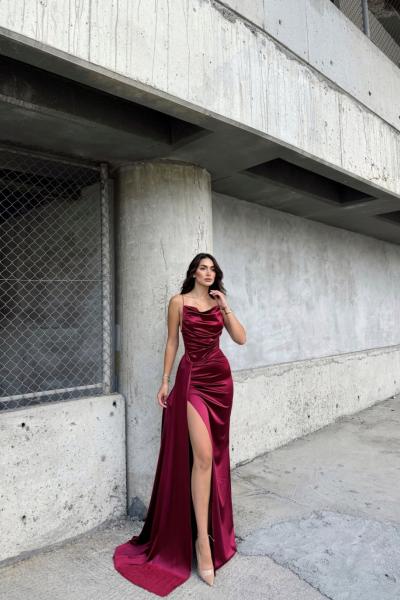 Allyso Degaje Yaka Yırtmaçlı Abiye 582243 A17x Bordo