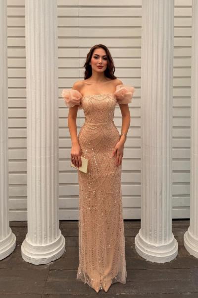 Amora Boncuk Detaylı Şifon Kol Abiye 1053 Gold