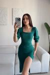 Arsima Kare Yaka Yırtmaçlı Midi Boy Elbise Zümrüt