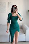 Arsima Kare Yaka Yırtmaçlı Midi Boy Elbise Zümrüt
