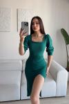 Arsima Kare Yaka Yırtmaçlı Midi Boy Elbise Zümrüt