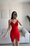 Asimetrik Kesim Bel Büzgülü Elbise 581814 Kırmızı