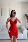 Asimetrik Kesim Bel Büzgülü Elbise 581814 Kırmızı