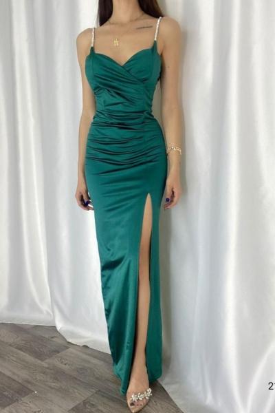 Asiy Aksesuar Askılı Yırtmaç Detay Saten  Abiye 582210 A3x Z Yeşil