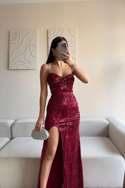 Asya Yırtmaçlı Payet Abiye 583293 Bordo