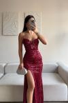 Asya Yırtmaçlı Payet Abiye 583293 Bordo