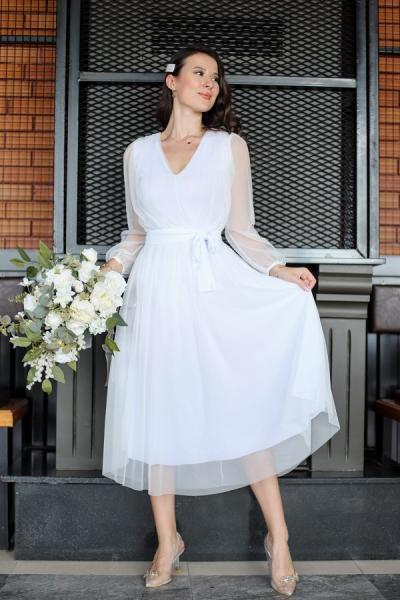 Balon Kol Tül Elbise 3548 Beyaz