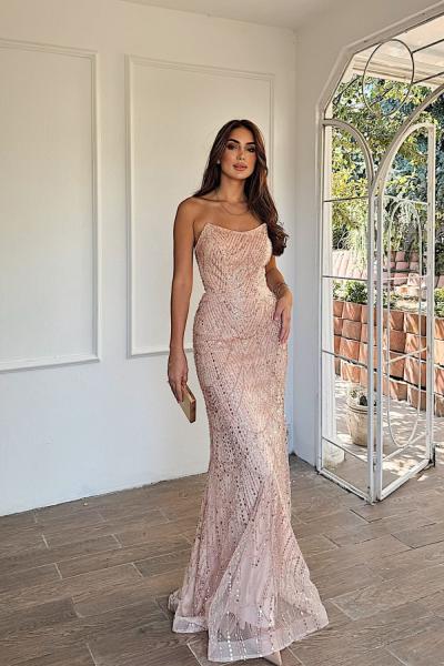 Biana Straplez Boncuklu Abiye 1056 Taş Rengi