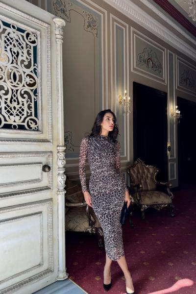 Büzgülü Maxi Tül Elbise 3079 Leopar