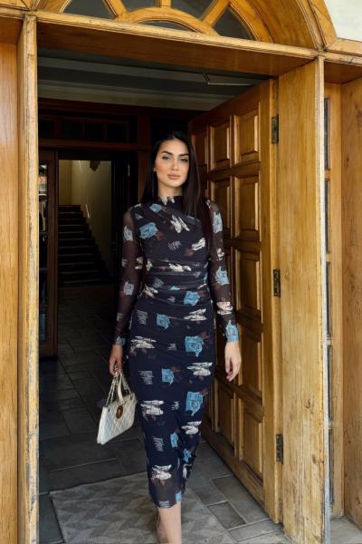 Büzgülü Maxi Tül Elbise 3079 Karışık