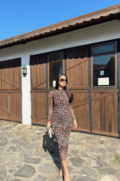 Büzgülü Maxi Tül Elbise 3079 Kahverengi