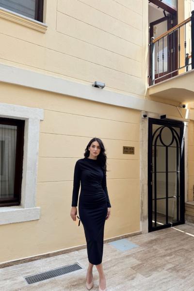Büzgülü Maxi Elbise 3046 Siyah