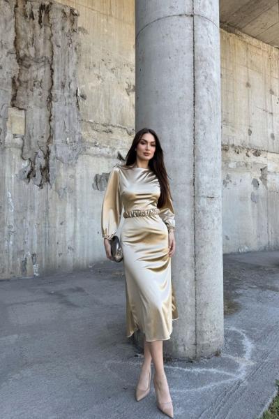 Calia Kemer Detay Saten Elbise 95416 Yağ Yeşili