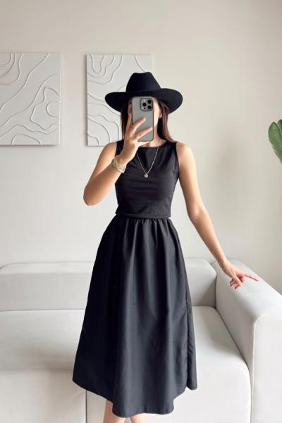 Cliff Bisiklet Yaka Kolsuz Midi Elbise 8423 Siyah