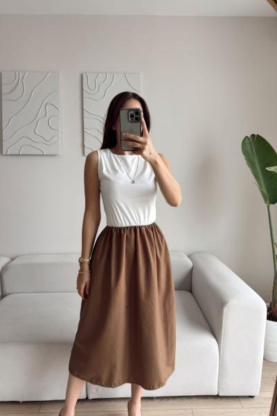 Cliff Bisiklet Yaka Kolsuz Midi Elbise 8423 Taba