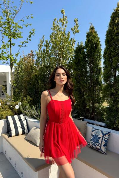 Cloe Tüllü Askılı Mini Elbise 13389 Kırmızı