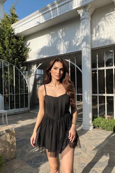 Cloe Tüllü Askılı Mini Elbise 13389 Siyah