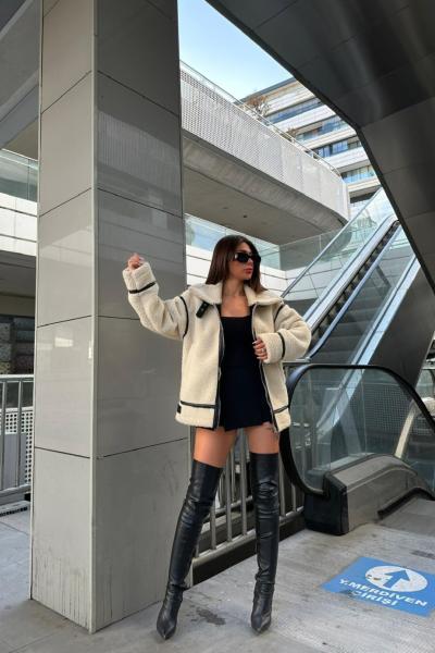 Dean Kürklü Biker Ceket  20037 Krem