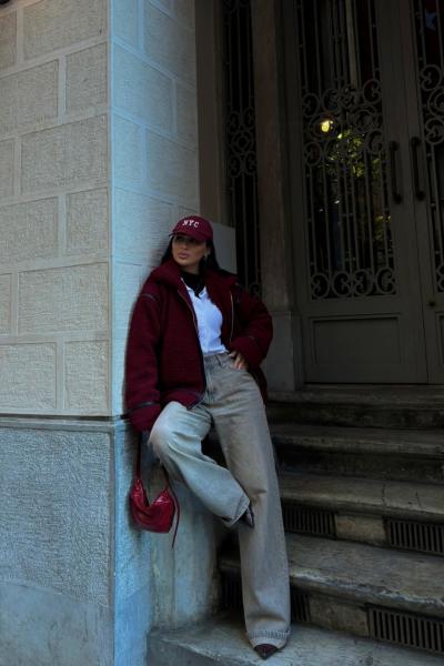 Dean Kürklü Biker Ceket  20037 Bordo