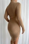Dione Balıkçı Yaka Yan Yırtmaçlı Triko Elbise TR077 K1X Taş Rengi