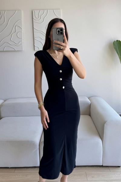 Dora V Yaka Düğmeli Büzgülü Elbise 13754 Siyah