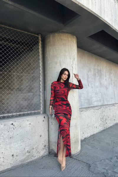 Doruk Büzgü Detay Tül Elbise 5540 Siyah Kırmızı