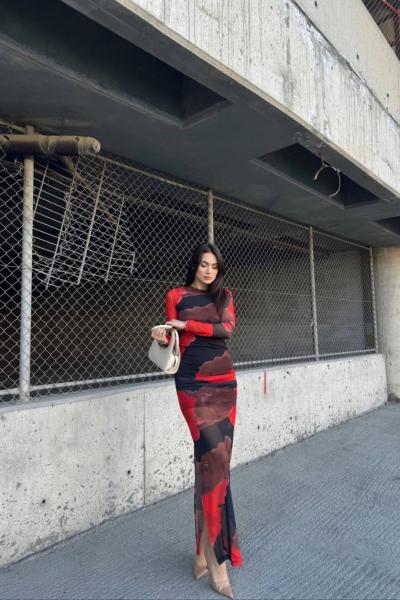 Doruk Büzgü Detay Tül Elbise 5540 Kırmızı