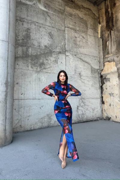 Doruk Büzgü Detay Tül Elbise 5540 Mavi