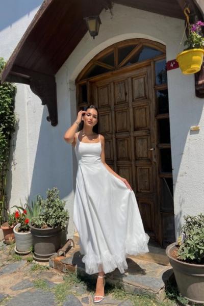 Drew Etek Ucu Asimetrik Kıvrımlı Midi Boy Elbise 9326 Beyaz