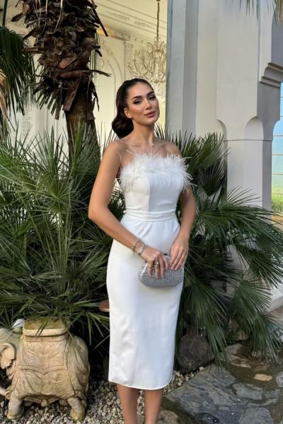 Efsun Straplez Otriş Detay Midi Elbise 9309 Beyaz