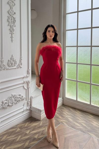 Efsun Straplez Otriş Detay Midi Elbise 9309 Kırmızı