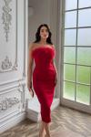 Efsun Straplez Otriş Detay Midi Elbise 9309 Kırmızı