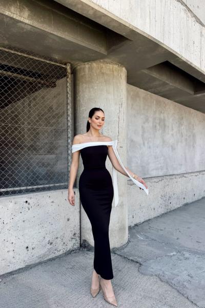 Elina Omuz Fiyonklu Elbise 582938 Siyah