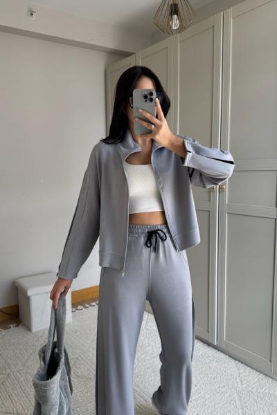 Elvis Likralı Paça Şeritli Takım 2613 Gri