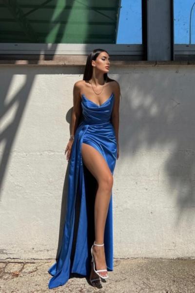 Evan Straplez Ön Detay Saten Abiye 9323 Saks Mavisi