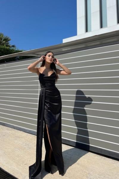 Evan Straplez Ön Detay Saten Abiye 9323 Siyah