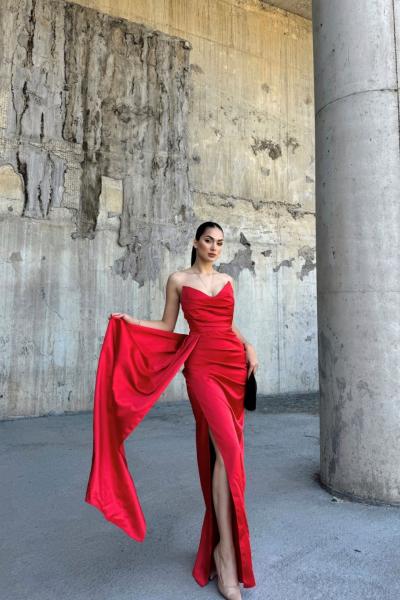Evan Straplez Ön Detay Saten Abiye 9323 Kırmızı