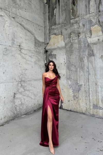 Evan Straplez Ön Detay Saten Abiye 9323 Bordo