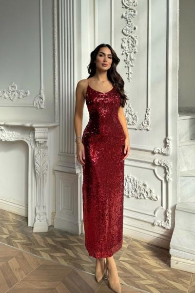 Evin Payetli Sırt Dekolteli Elbise 14201 Bordo