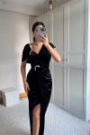 Felicia Omuz Taş Detay Kayık Yaka Kadife Abiye 9361 Siyah