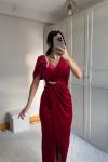 Felicia Omuz Taş Detay Kayık Yaka Kadife Abiye 9361 Kırmızı