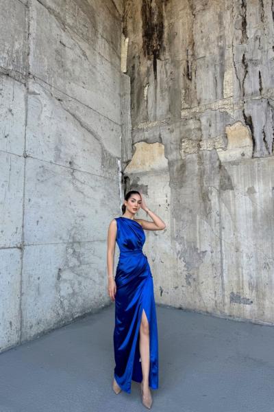 Fiona Tek Kol Drapeli Saten Abiye 582856 Saks Mavisi