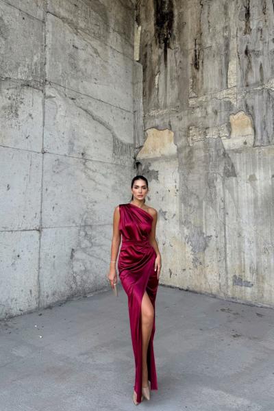 Fiona Tek Kol Drapeli Saten Abiye 582856 Bordo