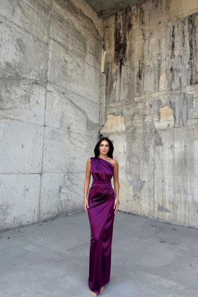 Fiona Tek Kol Drapeli Saten Abiye 582856 Mürdüm